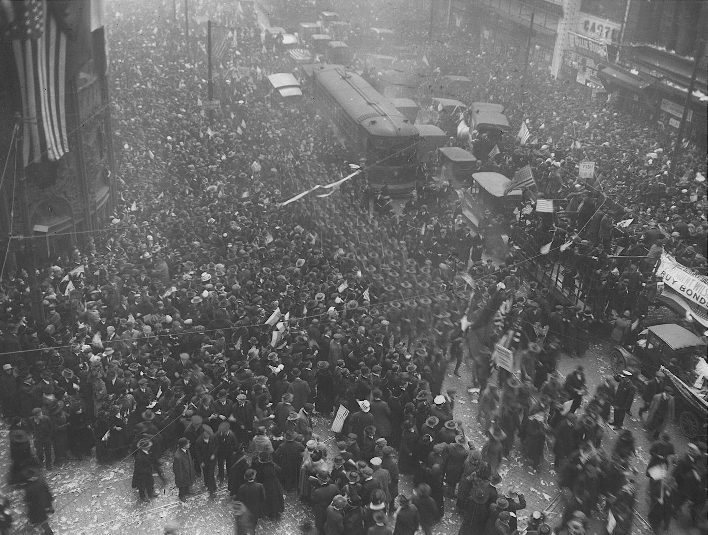 People in Chicago celebrate the armistice ending World War I on Nov. 11, 1918.