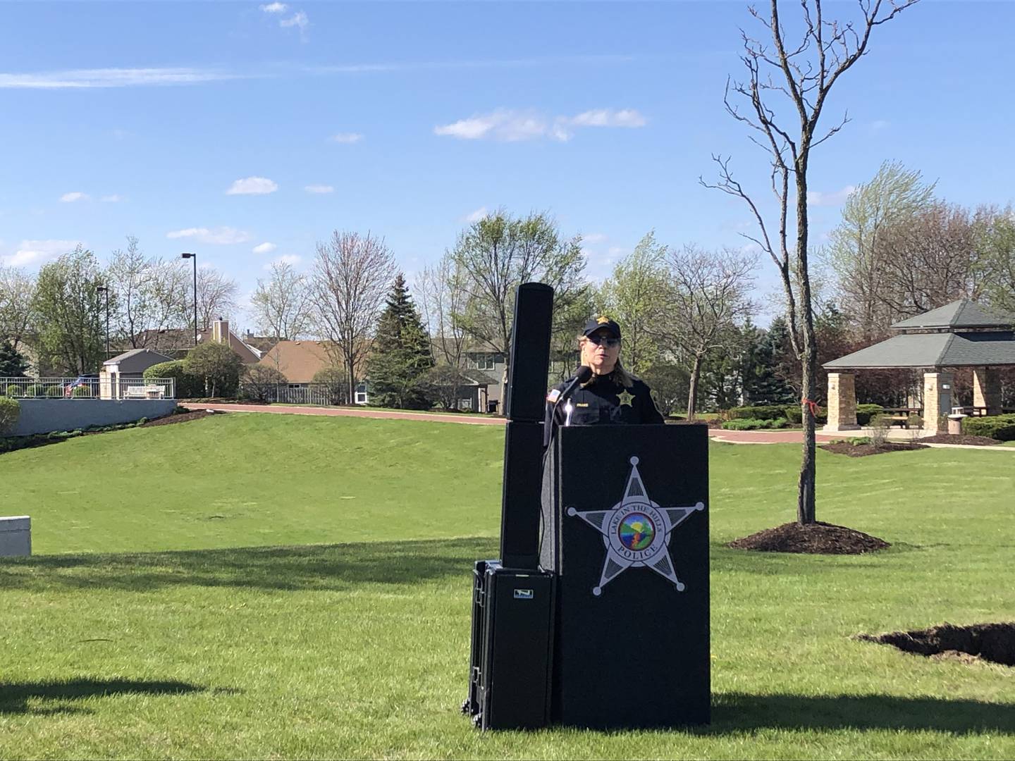 Lake in the Hills Police Chief Mary Frake speaks at a ceremonial groundbreaking at the new police station April 19, 2024.