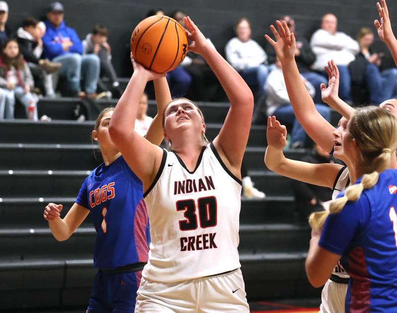 Indian Creek's Madison Boehne gets up a shot against Genoa-Kingston Monday, Dec. 8, 2025, during their game at Indian Creek High School in Shabbona.