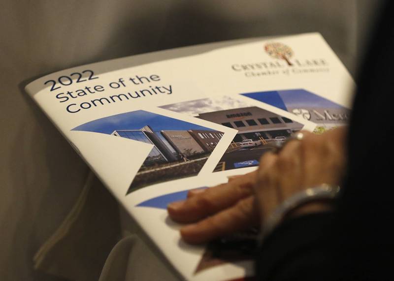 State of the Community report rests on the lap of an attendee during the Crystal Lake Chamber of Commerce’s State of the Community Luncheon, Friday, Feb. 4, 2022, at D'Andrea Banquets & Conference Center. The annual luncheon feature guest speakers Crystal Lake Mayor Haig Haleblian and Village of Lakewood President David Stavropoulos who spoke about their respective communities.