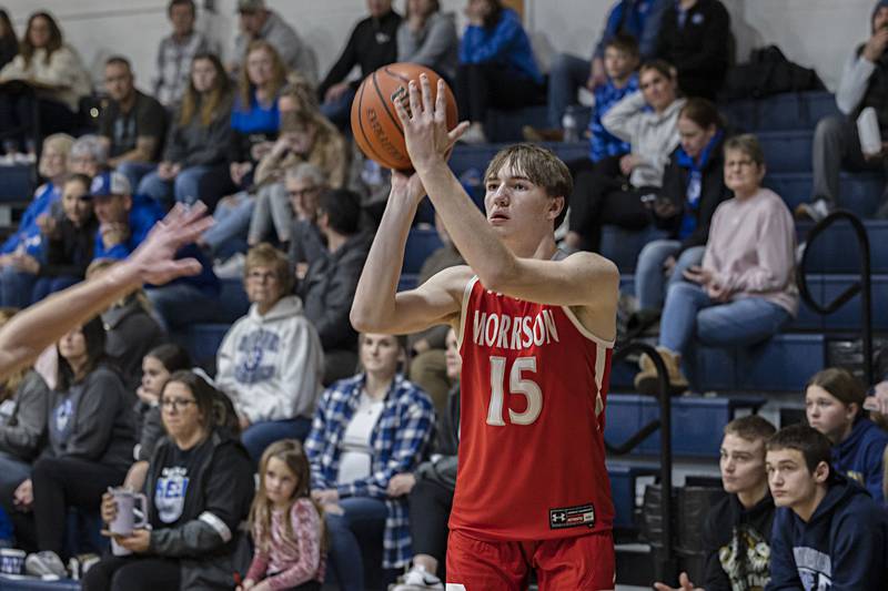 Morrison’s Asher Ernst puts up a three-point shot against Newman Wednesday, Jan. 3, 2024 at Newman High School.