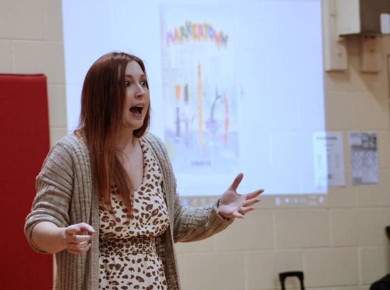 Children's author and educator Amanda Fox gives a presentation to students at East Coloma Nelson School on Friday in Rock Falls.