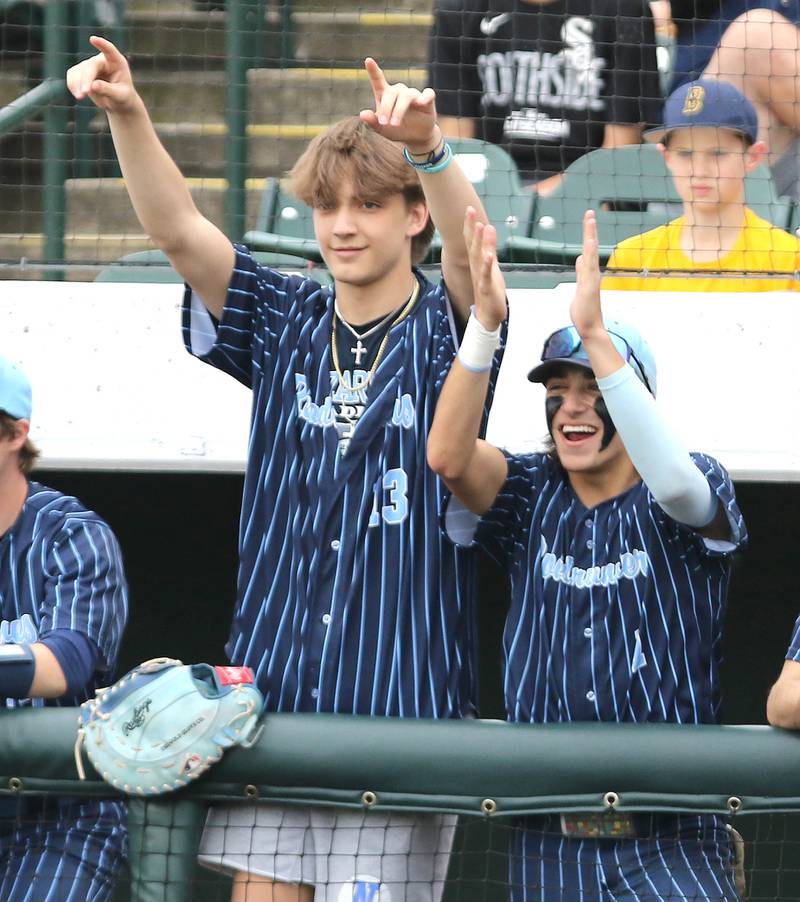 The Nazareth bench starts to celebrate in the last inning of their 16-3 win over Crystal Lake South Friday, June 10, 2022, in the IHSA Class 3A state semifinal game at Duly Health and Care Field in Joliet.