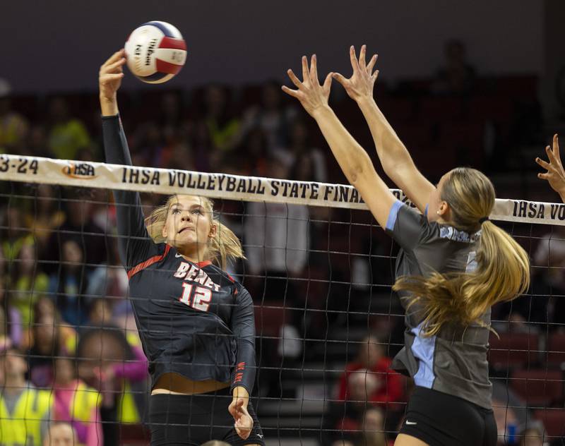 Benet Academy’s Lynney Tarnow hammers against Willowbrook in the 4A state semifinal in November 2023 at CEFCU Arena in Normal.