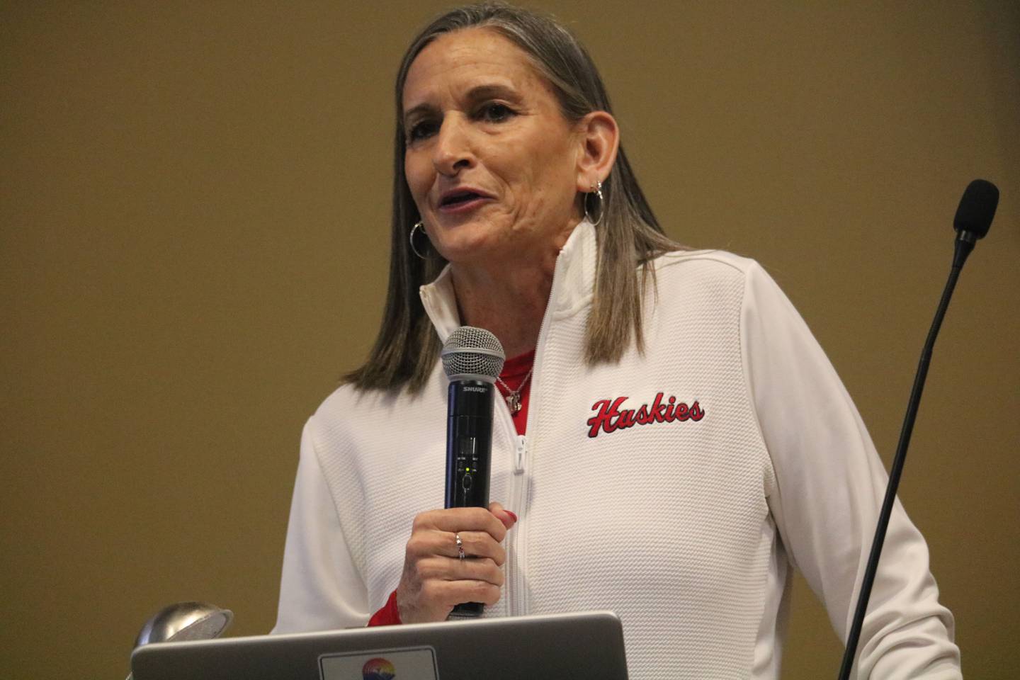 NIU Women's Basketball Coach Lisa Carlsen gives the keynote speech Thursday, Feb. 13, 2025, at the Kishwaukee United Way's annual meeting held at Faranda's Banquet in DeKalb.