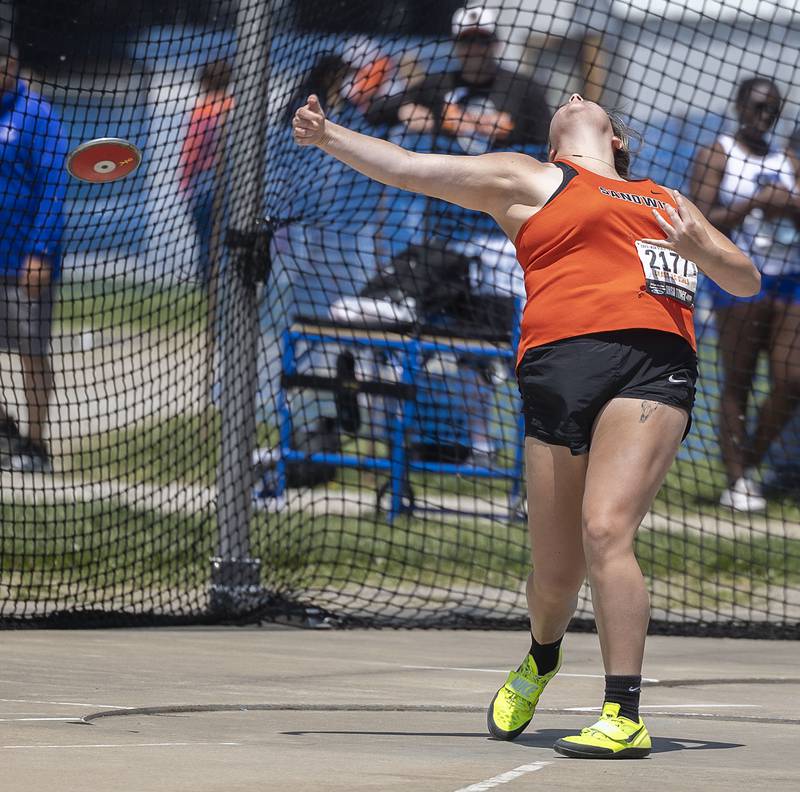 Claire Allen of Sandwich throws the discus Saturday, May 20, 2023, during the IHSA Girls Track and Field State Meet at Eastern Illinois University in Charleston.