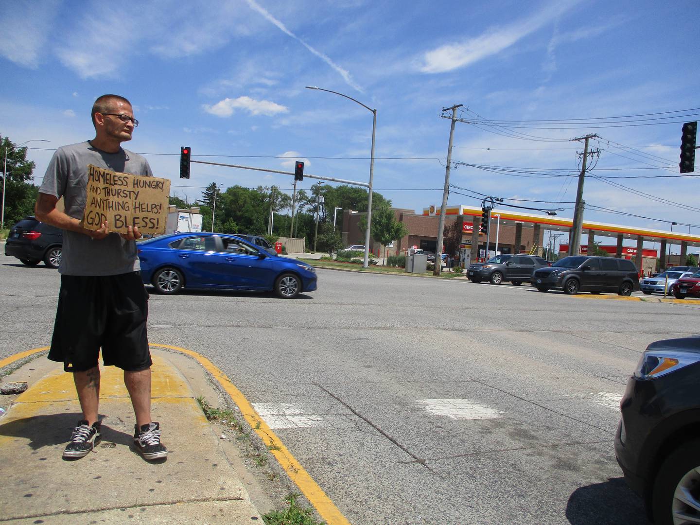 Tyler Hunsinger said he was approached by a Joliet police officer who advised him not to impede the flow of traffic while he was panhandling on Mall Loop Drive near the Louis Joliet Mall on July 2, 2022.