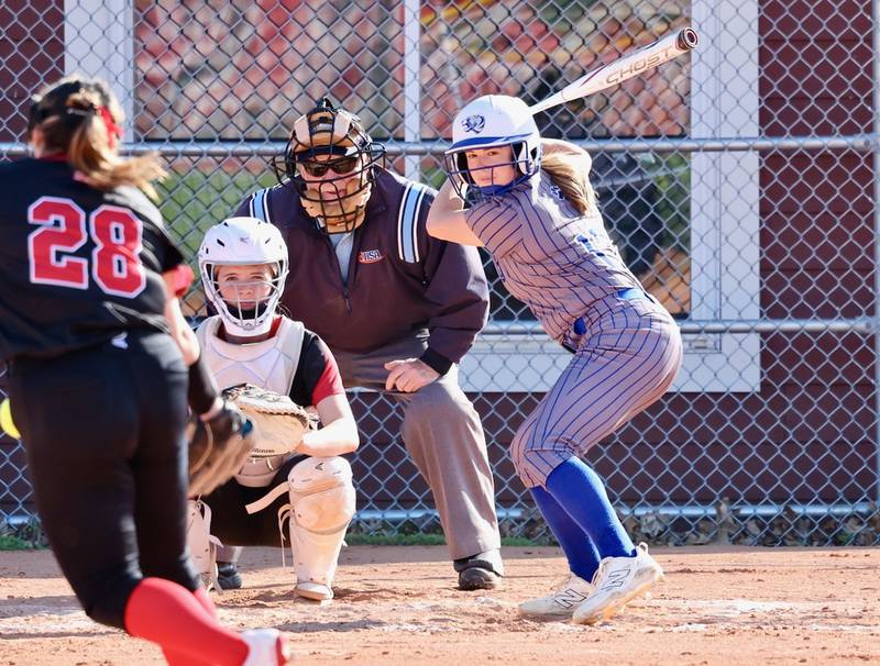 Princeton's Makayla Hecht digs in at the plate against Hall Thursday in Spring Valley.