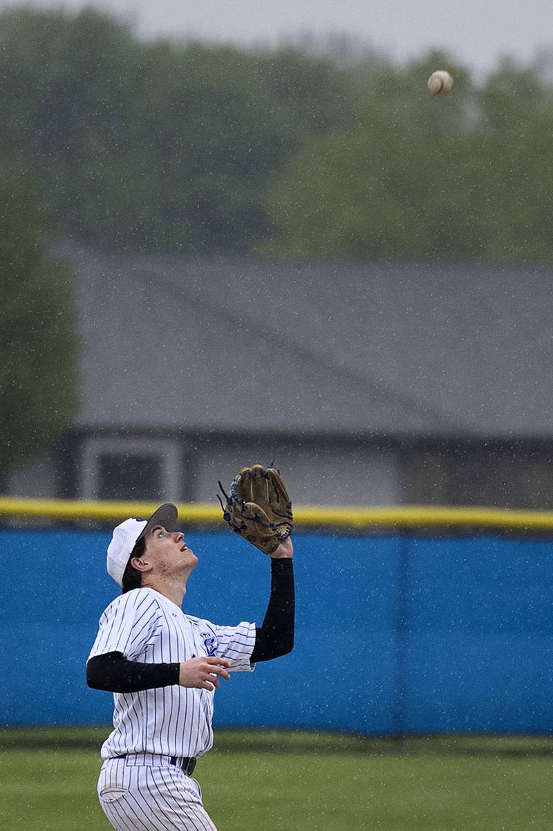 Newman’s Garret Matznick camps under a pop-up for an out against Mendota Thursday, April 30, 2026.