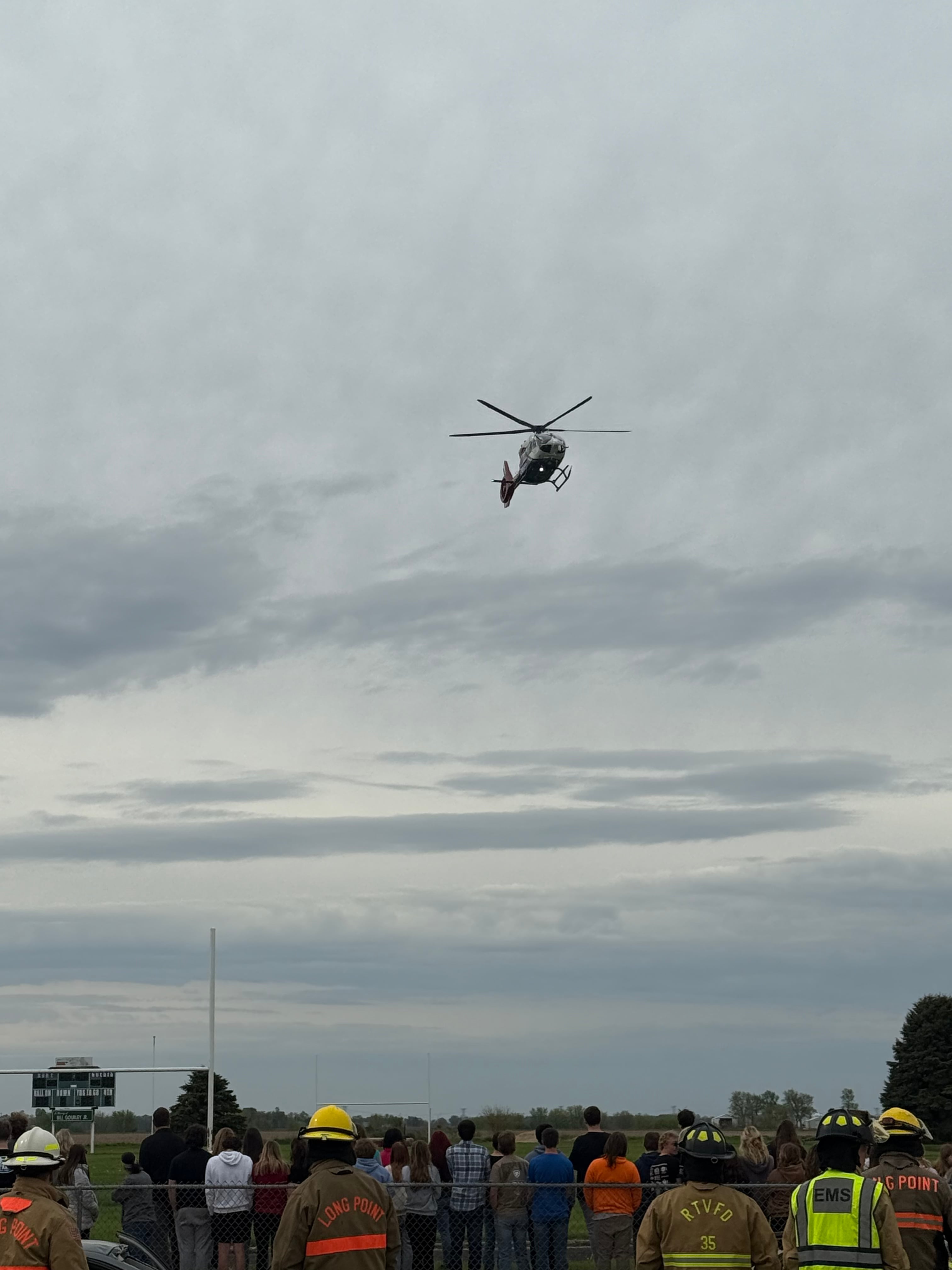 An OSF LifeFlight helicopter prepares to land at a mock crash scenario Wednesday, April 30, 2025, during Operation Prom at Woodland School in rural Streator.
