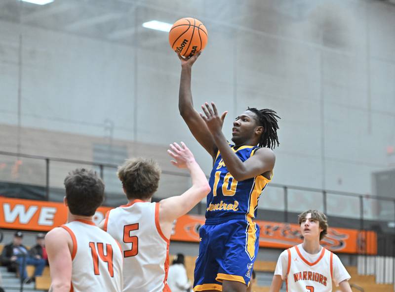 Joliet Central's James Lee (10) shoots a shot during the 4A Lockport Regional game against Lincoln-Way West on Monday, FEB. 23, 2026, at New Lenox.