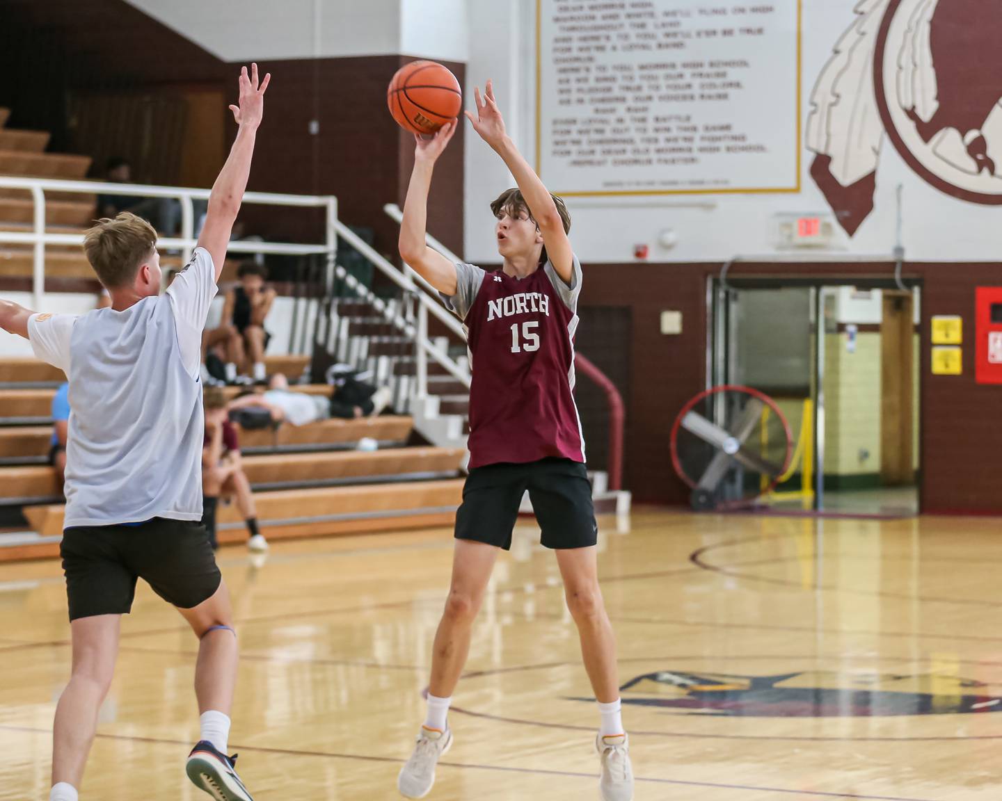 Plainfield North's Evan Czarnik (15) shoots a jumper at the Morris Shootout on Wednesday, June 21, 2023.