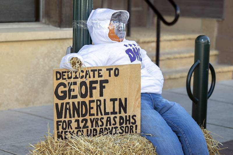 Key Club members celebrate long-time adviser Geoff Vanderlin with a scarecrow.