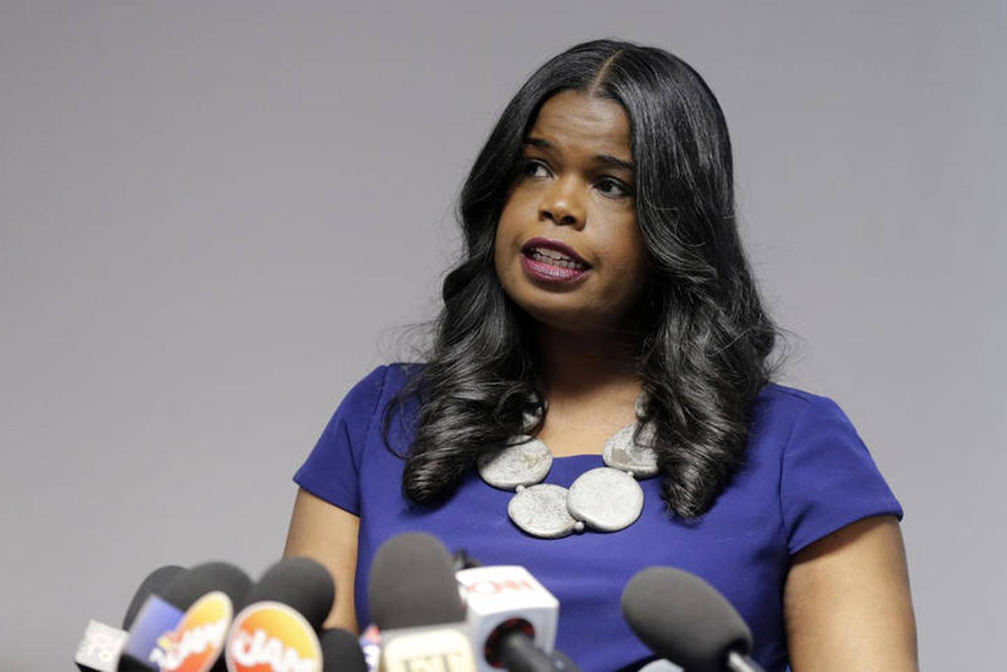 FILE - In this Feb. 22, 2019 file photo, Cook County State's Attorney Kim Foxx speaks at a news conference, in Chicago.  Foxx has enlisted a national nonprofit to help clear tens of thousands of marijuana convictions in preparation for legalized recreational use of the drug. She will announce Tuesday, Aug. 27, that Code for America will process the records at no cost to taxpayers through its program called Clear My Record.