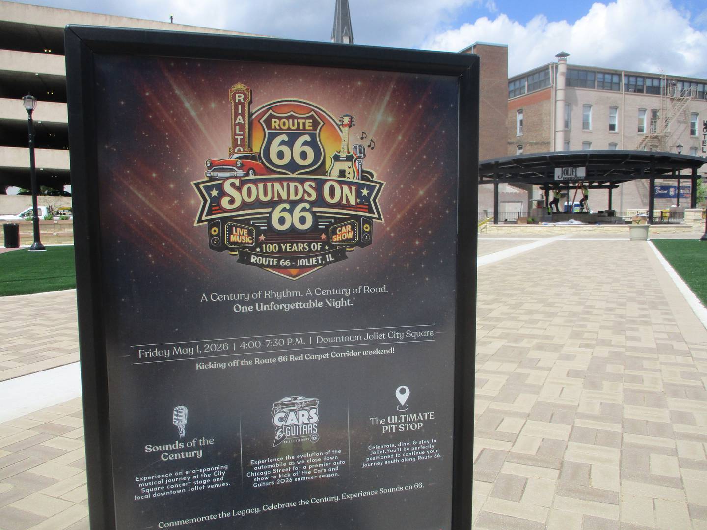 A sign at the new Joliet City Square promotes the Route 66 event on Friday. April 29, 2026