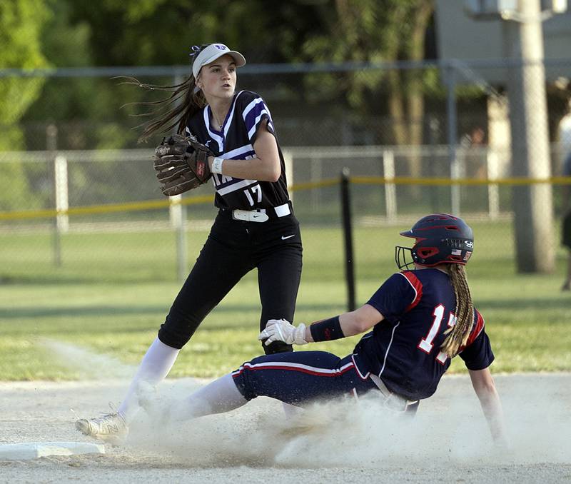 Dixon’s Kiley Gaither looks to throw after an out against Belvidere North’s Paige Johnson Tuesday, May 27, 2025, during a Class 3A Regional softball game in Dixon.