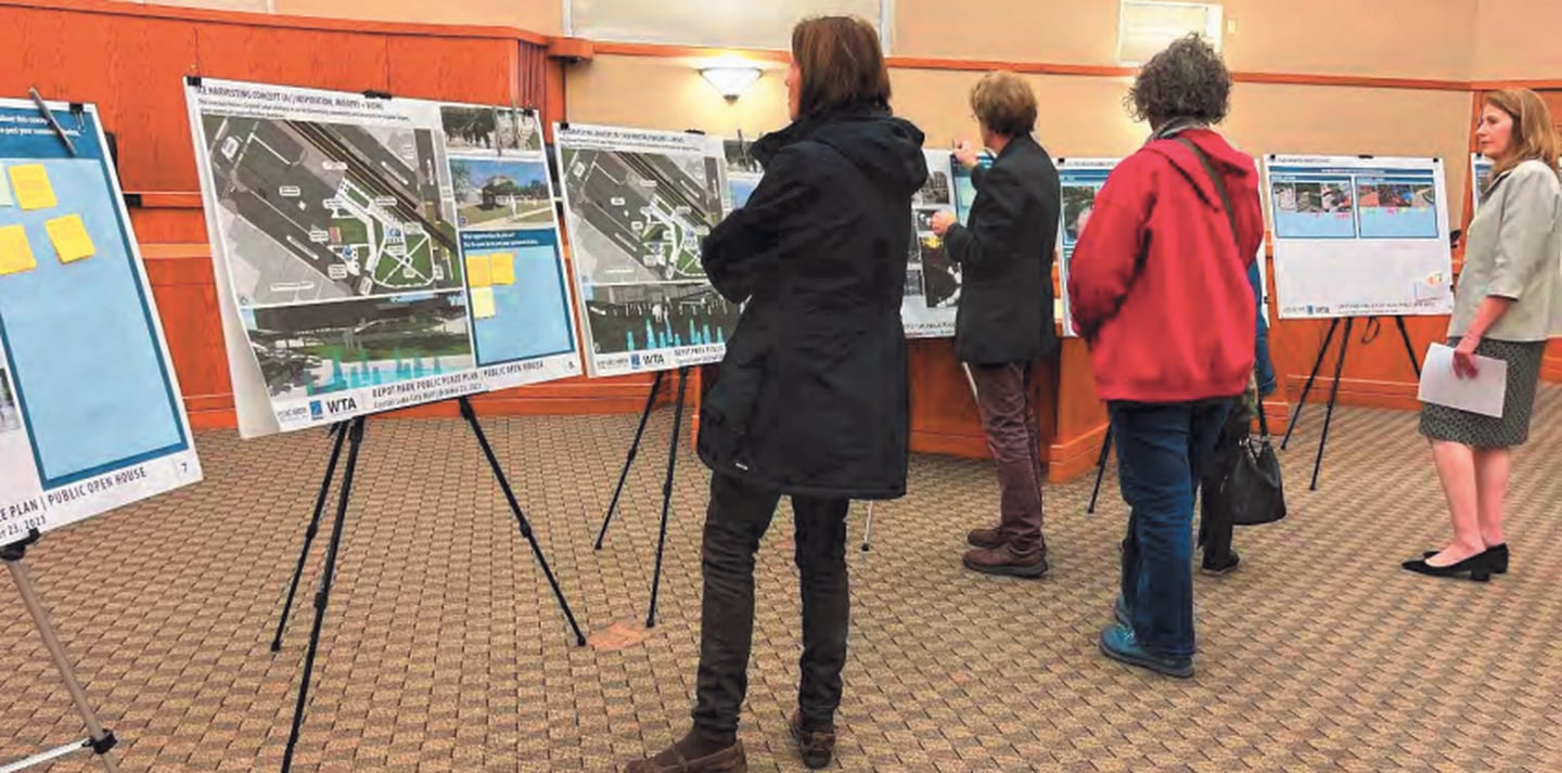 Crystal Lake residents give feedback on the proposed Depot Park designs at an open house meeting on Oct. 23.
