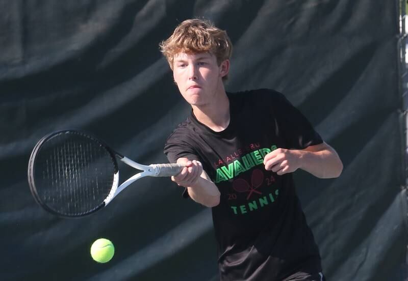 L-P's John Crahn plays tennis against Ottawa at the Henderson-Guenther Tennis Facility on Monday, Monday, May 6, 2024 at Ottawa High School.