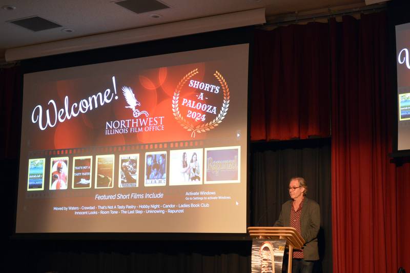 Peter Hawley, director of the Illinois Film Office, speaks at the opening of the fourth annual Northwest Illinois Film Office's Shorts-A-Palooza 2024 on Wednesday, April 24, 2024, at Morrison Tech. Eleven short films were shown at the event.