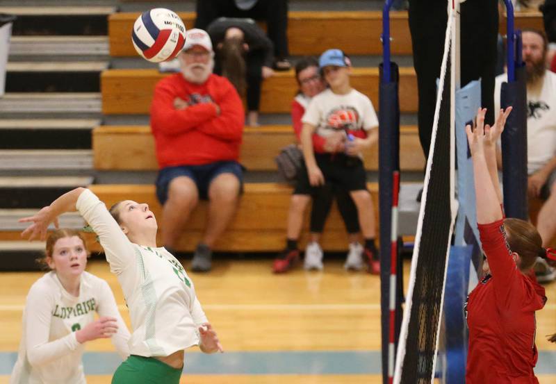 Seneca's Franki Meyers sends a spike to Erie-Prophetstown in the Class 2A Sectional semifinal game on Tuesday, Nov. 5, 2024 at Bureau Valley High School.