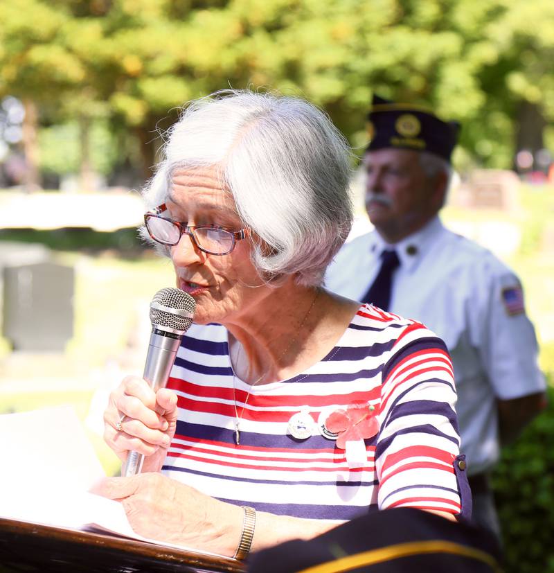 Mary Coffee speaks at the Memorial Day ceremony on Monday, May 29, 2023 at Blackberry Township Cemetery in Elburn.