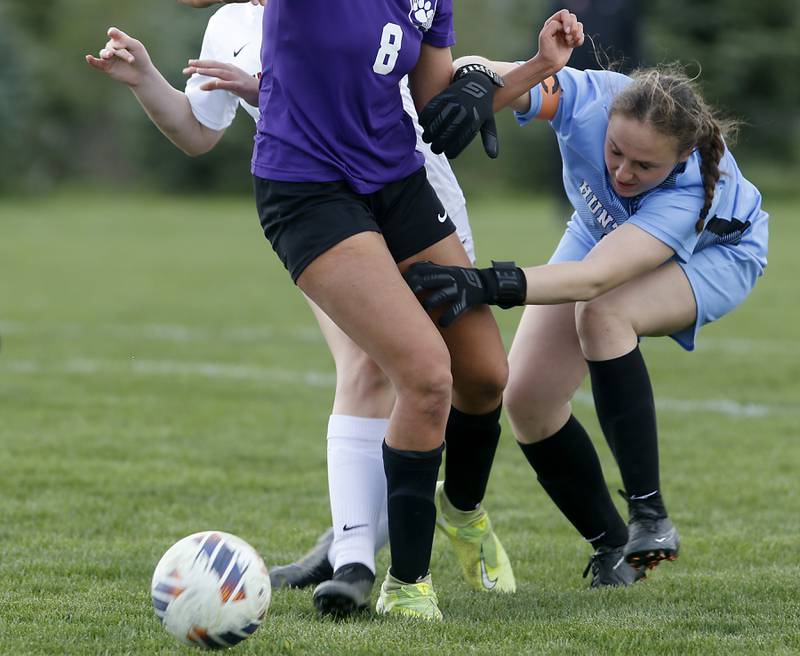 Huntley's Maddie Lackovic tries to stop a penalty kick during a Fox Valley Conference soccer game against on Tuesday, April 23, 2024, at Hampshire High School.