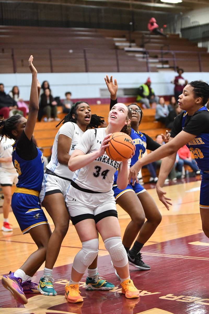 Kankakee's Ava Johnson looks to shoot after a rebound Thursday, Feb. 6, 2025, during the Kays' 49-15 victory over Crete-Monee.