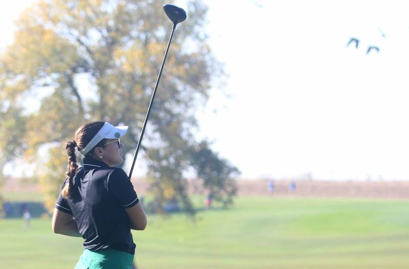 Seneca's Vivienne Cronkrite tees off during the Class 1A Regionals on Tuesday, Sept. 30, 2025 at Spring Creek Golf Course in Spring Valley.