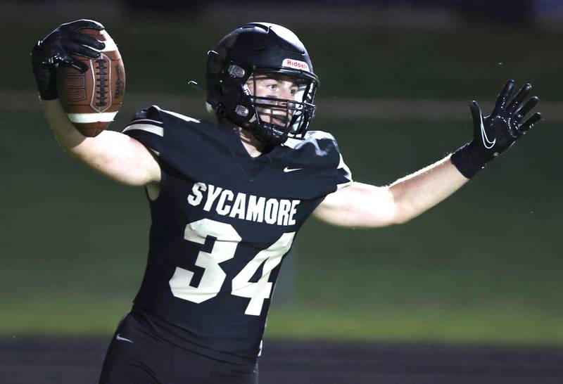 Sycamore's Joey Puleo celebrates his touchdown reception during their game against Ottawa Friday, Sept. 16, 2022, at Sycamore High School.