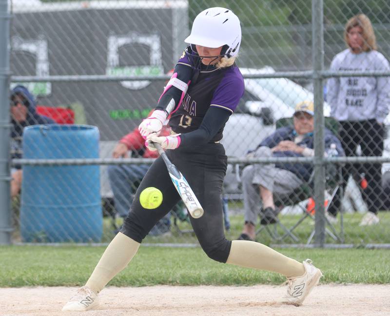 Serena's Brynley Glade makes contact with the ball during the Class 1A Regional title game on Friday, May 22, 2026 at Serena High School.