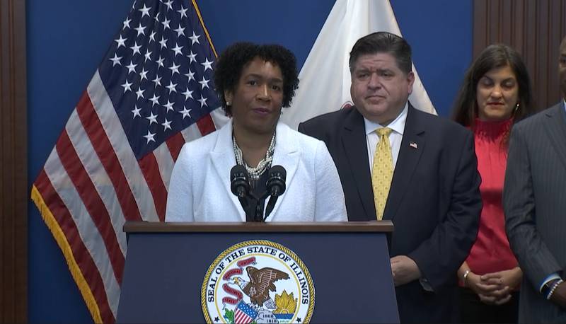 Lt. Gov. Juliana Stratton speaks at a bill signing ceremony for three measures
aimed at protecting access to reproductive health care in Illinois.