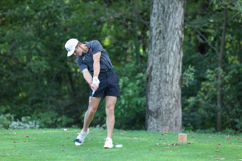 Bradley-Bourbonnais' Max LaMore tees off during the All-City matchup on Wednesday, Sept. 24, 2025. LaMore scored an 88 as the Boilermakers fell 339-342 to Bishop McNamara.