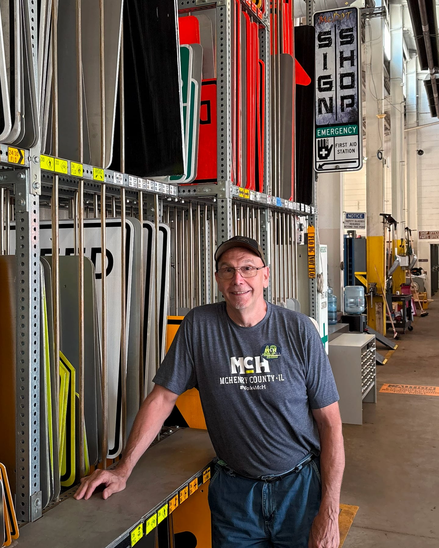 McHenry County sign shop supervisor Andrew Rose pictured inside the sign shop in June 2025.