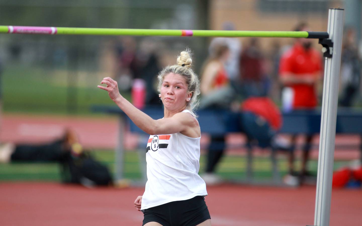 Wheaton Warrenville South’s Haylie Hinckley competes in the high jump during the DuKane Conference Girls Outdoor Championships at Lake Park in Roselle on Thursday, May 2, 2024.