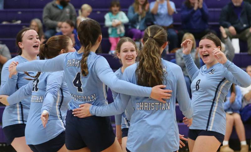 Members of the Parkview Christian volleyball team celebrate after defeating Earlville in the Class 1A Regional semifinal game on Monday, Oct. 28, 2024 at Serena High School.
