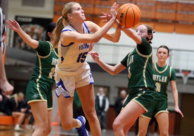 Geneva’s Emma Peterson works under the hoop against Boylan in girls IHSA Class 3A Sectional basketball on Tuesday, Feb. 24, 2026, at Crystal Lake Central High School in Crystal Lake.