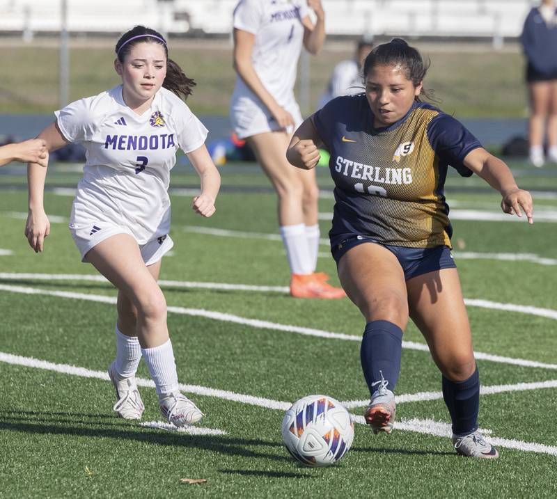 Sterling’s Yilana Molina works the ball against Mendota Wednesday, April 8, 2026.