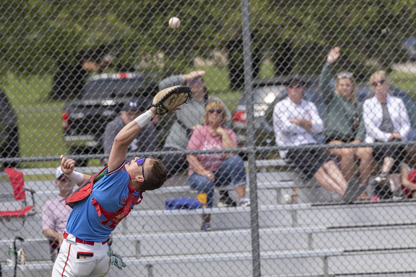 Oregon’s Gavin Morrow makes a catch for an out against Byron Saturday, May 24, 2025, in the Stillman Valley Class 2A Regional final.