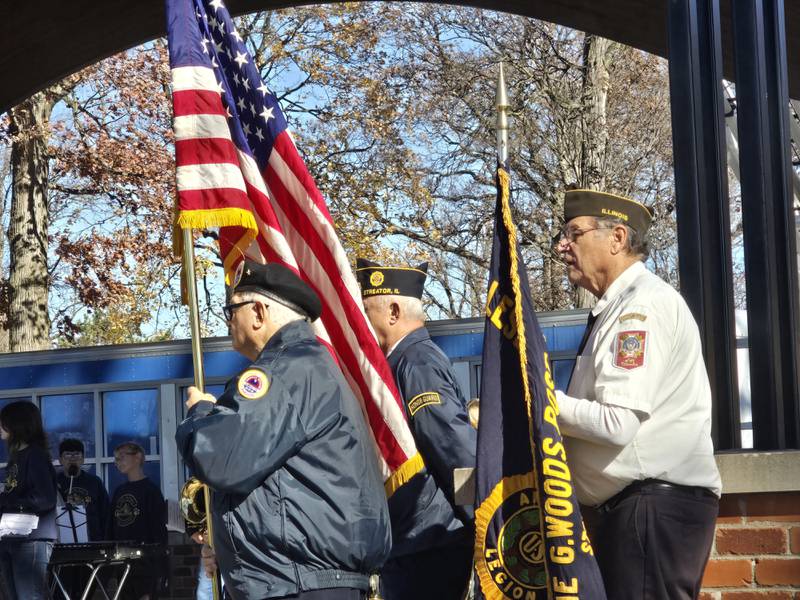 The color guard presents the flags Monday, Nov. 11, 2024, during the Veterans Day ceremony at Streator City Park.