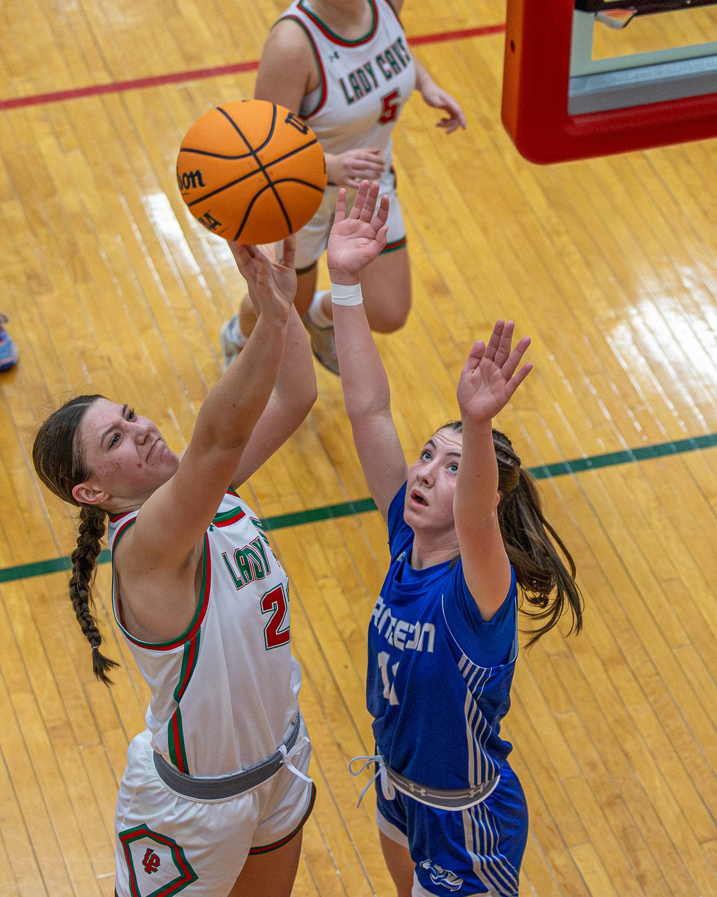 L-P’s Brianna Ruppert (22) lays up ball as Addy Dever (11) of Princeton attempts to contest shot on Saturday, Feb. 7, 2026 in Sellett Gymnasium at L-P High School.
