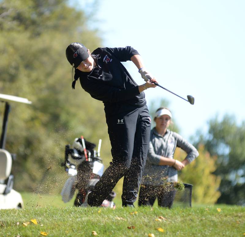 Forreston's Aspen McGlynn hits a shot at the 1A regional at Wolf Hollow Golf Course in Lena on Tuesday, Oct. 1, 2024.