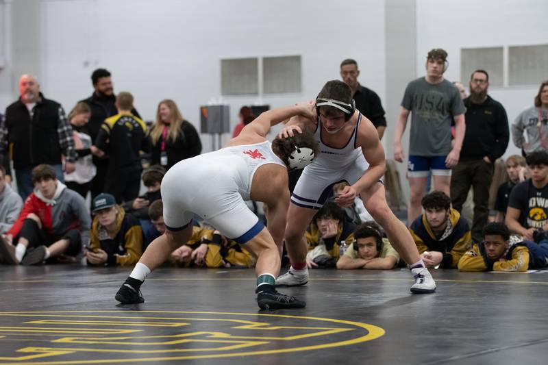 Wilmington's Logan VanDuyne, right, and St. Viator's Jaxon Penovich wrestle in the 190-pound championship match during the Reed-Custer Comet Classic Wrestling Invite on Saturday, Jan 17.