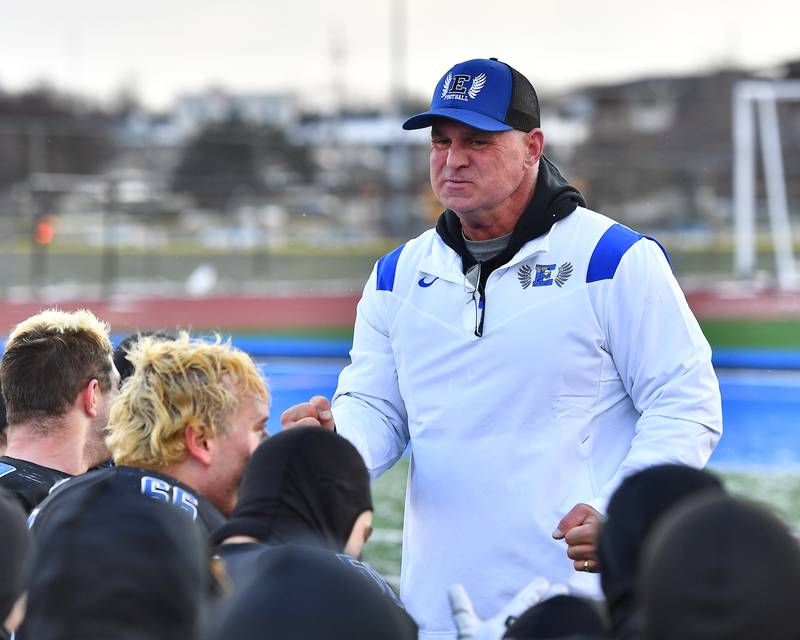 Lincoln-Way East's head coach Rob Zvonar talks with the team after defeating Glenbard West during the IHSA Class 8A Semifinals on Saturday, November 19, 2022, at Frankfort.