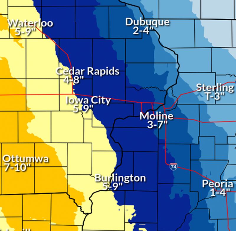A National Weather Service maps shows the range of expected snowfall from a winter storm that will arrive Friday evening and affect portions of northwest Illinois.