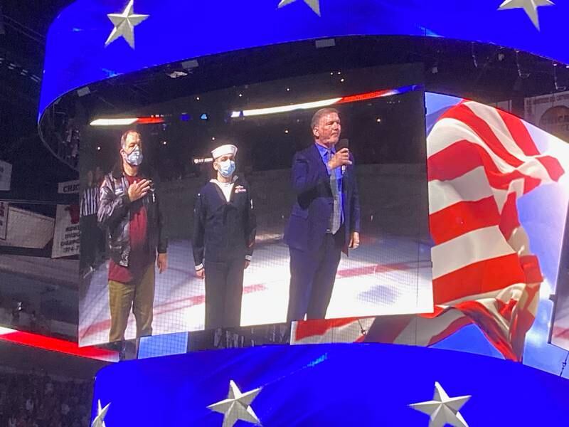 On April 3, 2022, DeKalb U.S. Air Force veteran Bob Myers was recognized for his military service during a Chicago Blackhawks game. Photo provided by Bob Myers.