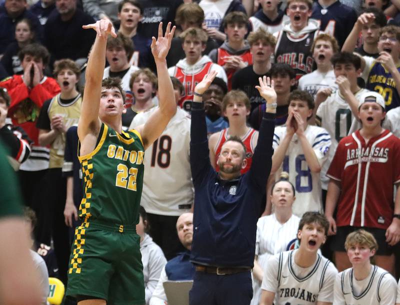 Crystal Lake South’s Nick Stowasser drains an outside shot against Cary-Grove in boys IHSA Class 3A Regional Championship basketball on Friday, Feb. 27, 2026, at Crystal Lake South High School in Crystal Lake.