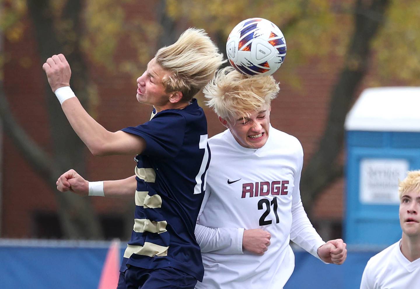 Lemont's Andrew Guzy (left) and Prairie Ridge's Nicolas Flaugher go up for a header Saturday, Nov. 9, 2024, during their Class 2A state third place game at Hoffman Estates High School.