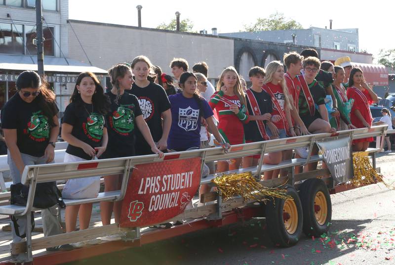 L-P Student Council and Homecoming Court rides on a float during the L-P Homecoming parade on Thursday, Sept. 26, 2024 downtown La Salle.