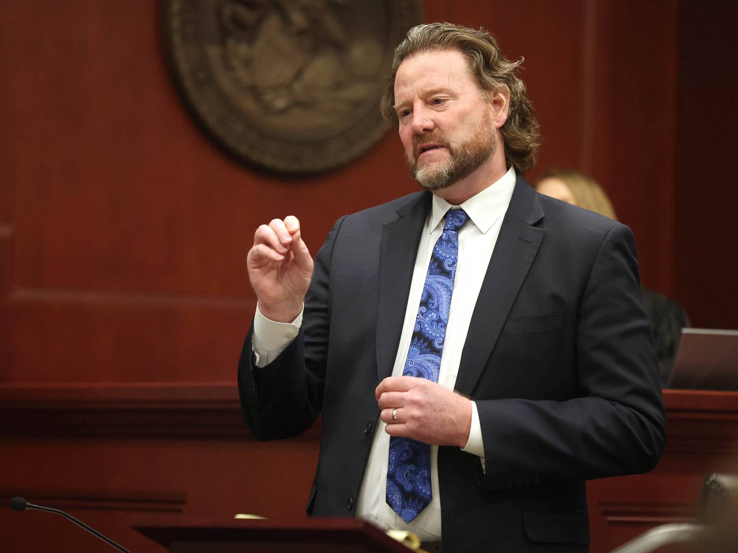 Lead prosecutor Scott Schwertley responds to the defense team’s closing argument Thursday, Jan. 30, 2025, during day six of the Jonathan D. Hurst trial at the DeKalb County Courthouse in Sycamore. Hurst is charged in the 2016 killings of elderly mother and son Patricia and Robert Wilson in Sycamore.