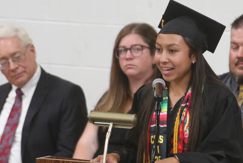 Putnam County High School valeditorian Valeria Villagomez speaks during the 59th annual Commencement on Sunday, May 18, 2025 in R.M. Germano gymnasium.